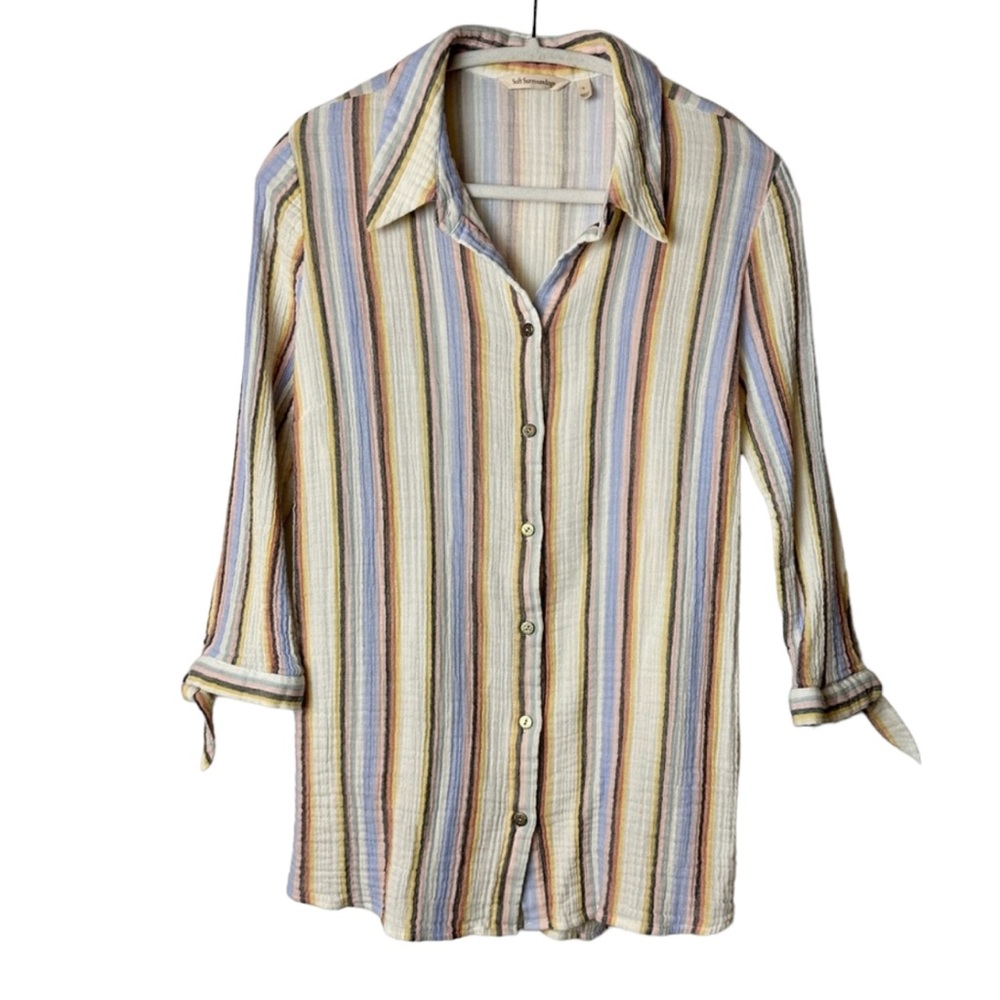 Soft Surroundings Women's Striped Button Up Cotton Gauze Sunset Shirt-Size Large